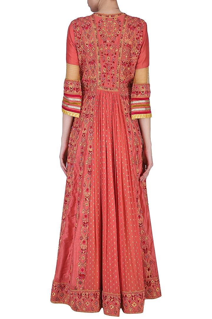 Coral embroidered anarkali set available only at Pernia's Pop Up Shop.