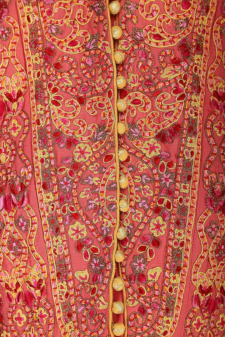 Coral embroidered anarkali set available only at Pernia's Pop Up Shop.