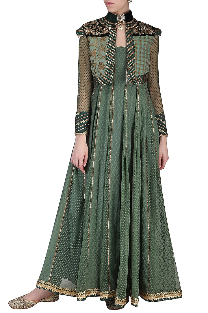 Green embroidered anarkali with pants available only at Pernia's Pop Up Shop.