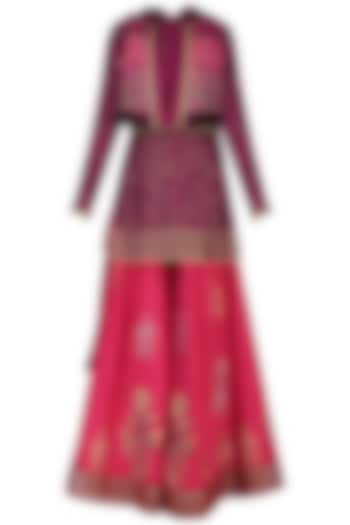Wine embroidered kurta with sharara pants and jacket available only at Pernia's Pop Up Shop.