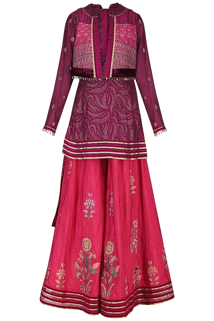Wine embroidered kurta with sharara pants and jacket available only at Pernia's Pop Up Shop.