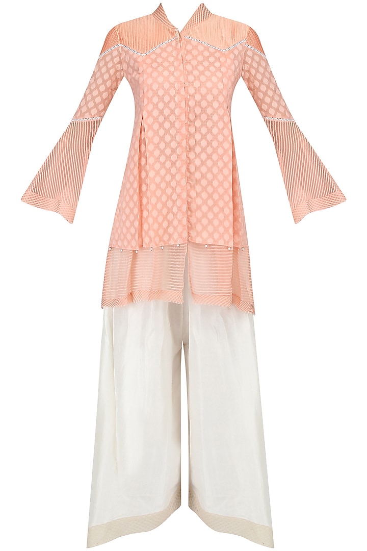 Peach Layered Tunic and Asymmetric Pants Set by Shashank Arya