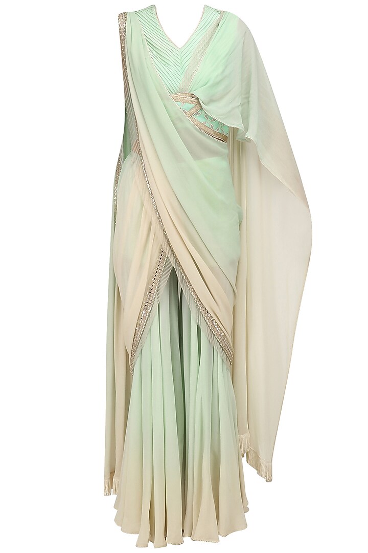 Mint green pant saree and blouse set available only at Pernia's Pop Up Shop.
