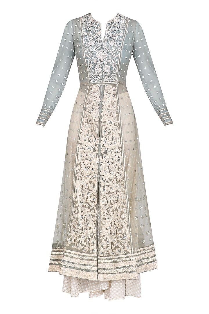 Powder blue and ivory embroidered front open anarkali set available only at Pernia's Pop Up Shop.
