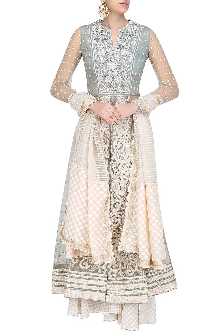 Powder blue and ivory embroidered front open anarkali set available only at Pernia's Pop Up Shop.