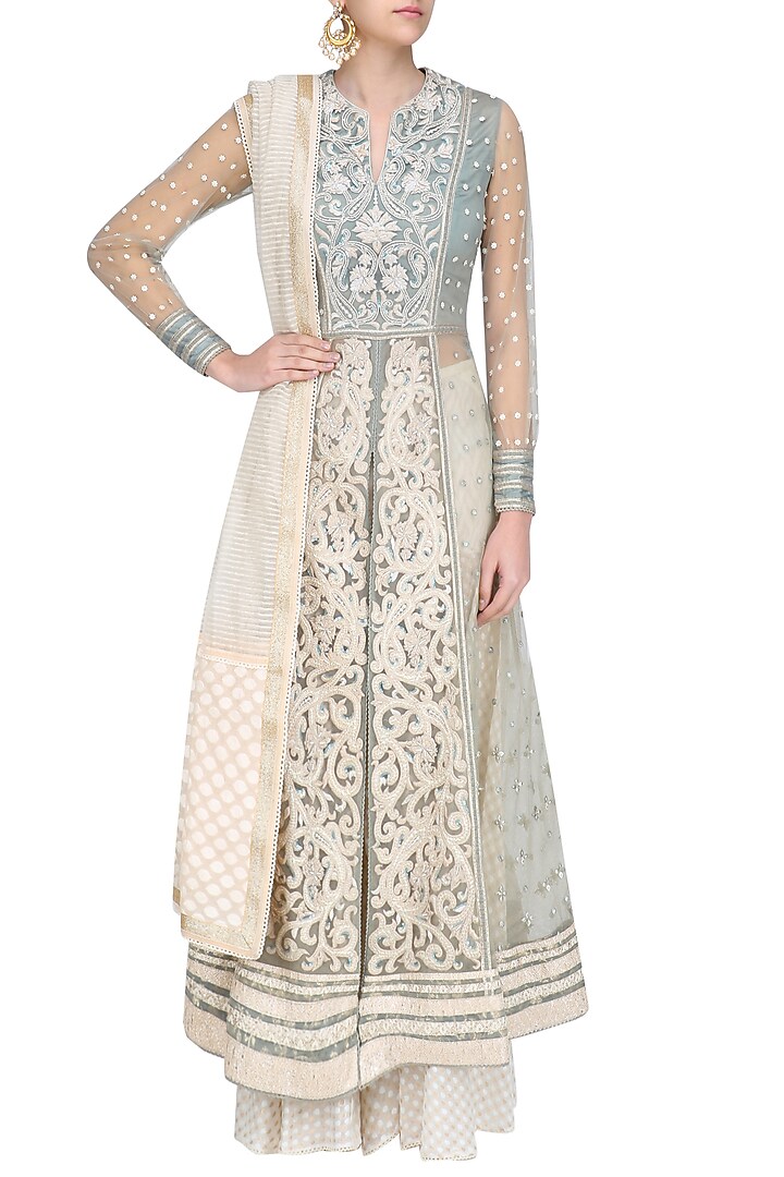 Powder blue and ivory embroidered front open anarkali set available only at Pernia's Pop Up Shop.