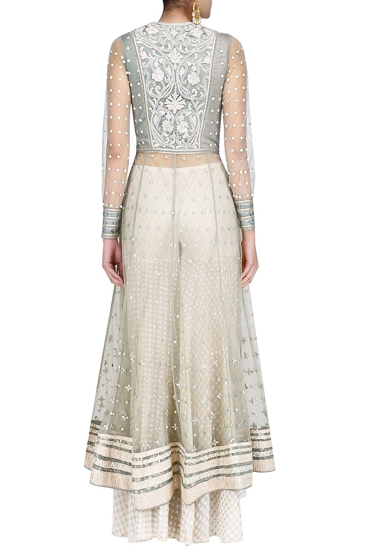 Powder blue and ivory embroidered front open anarkali set available only at Pernia's Pop Up Shop.