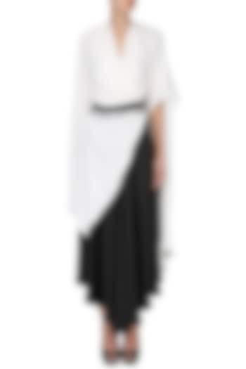 White Drape Top with Embellished Belt with Flared Pants  by Shashank Arya