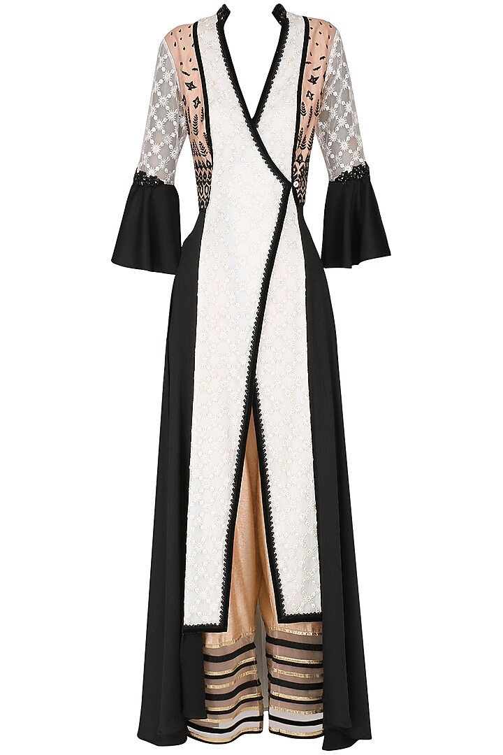 White and Black Color- Blocked Angrakha Kurta with Pants Set available only at Pernia's Pop Up Shop.