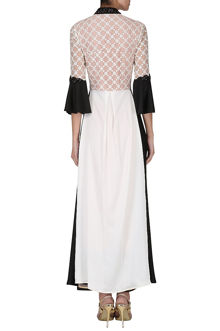 White and Black Color- Blocked Angrakha Kurta with Pants Set available only at Pernia's Pop Up Shop.