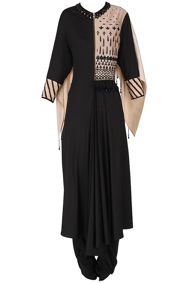 Black Front Pleated Kurta with Attached Wings and Pants Set available only at Pernia's Pop Up Shop.