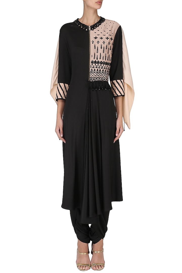 Black Front Pleated Kurta with Attached Wings and Pants Set by Shashank Arya