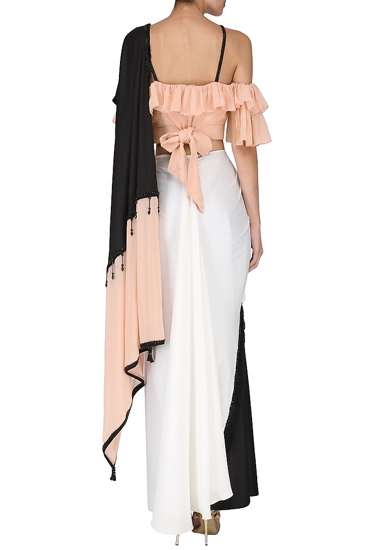 Black And White Saree with Ruffle Blouse Set available only at Pernia's Pop Up Shop.