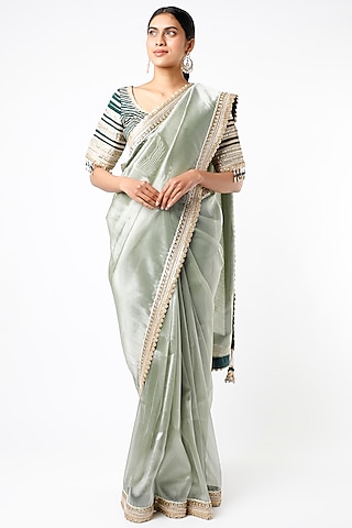 Metallic Grey Embroidered Saree Set by Shikhar Sharma
