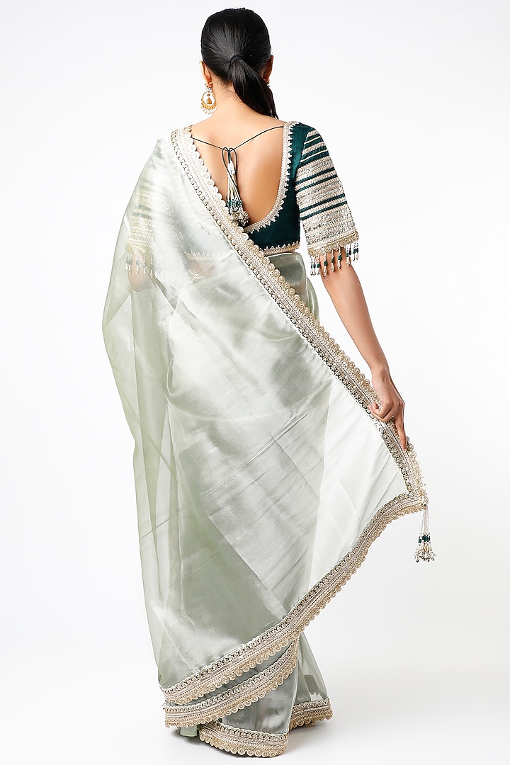 Metallic Grey Embroidered Wedding Saree Set by Shikhar Sharma at Pernia's Pop Up Shop