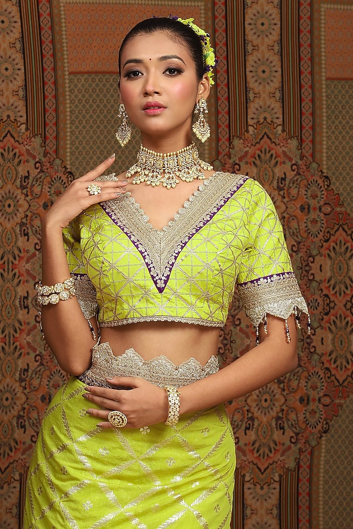 Lemon Green Chanderi Embroidered Wedding Saree Set by Shikhar Sharma at Pernia's Pop Up Shop