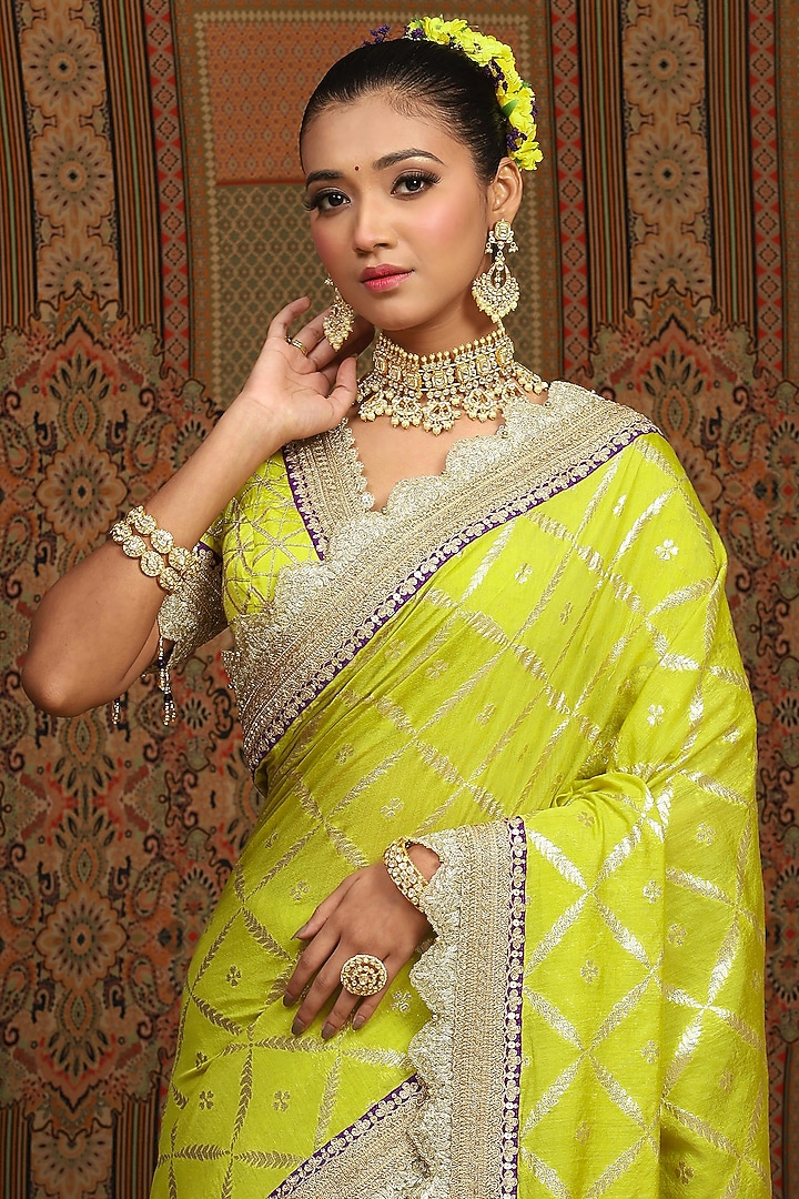 Lemon Green Chanderi Embroidered Wedding Saree Set by Shikhar Sharma at Pernia's Pop Up Shop
