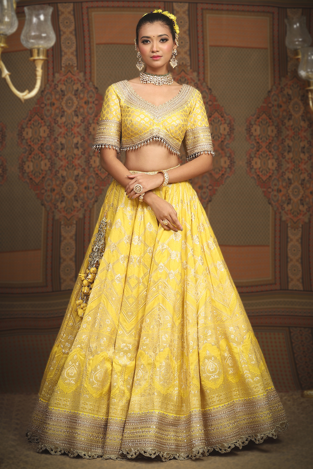 Lemon Yellow Banarasi Machine Embroidered Lehenga Set by Shikhar Sharma