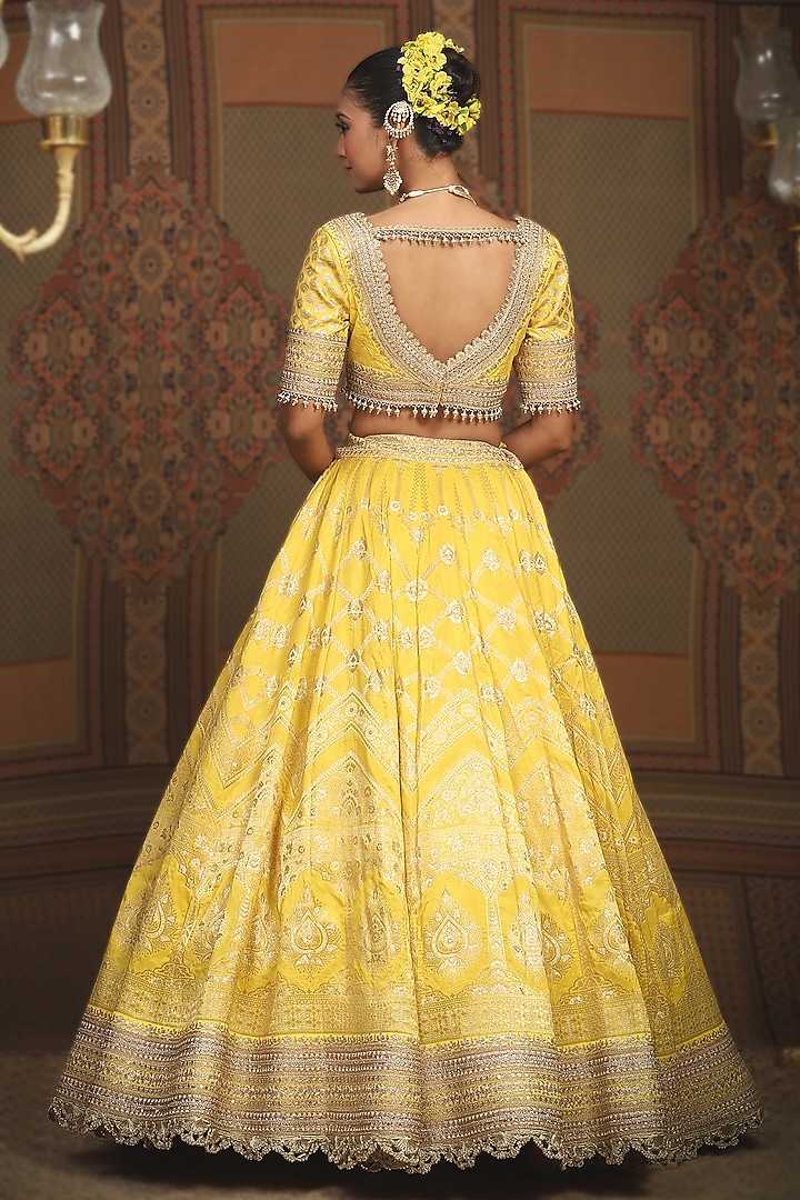 Lemon Yellow Banarasi Machine Embroidered Wedding Lehenga Set by Shikhar Sharma at Pernia's Pop Up Shop