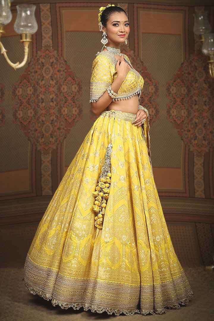 Lemon Yellow Banarasi Machine Embroidered Wedding Lehenga Set by Shikhar Sharma at Pernia's Pop Up Shop