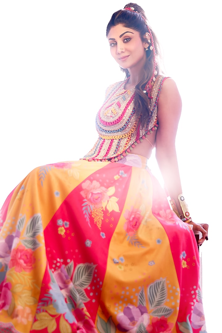 Multi-Colored Velvet Floral Motif Printed Flared Skirt Set by Rishi & Vibhuti at Pernia's Pop Up Shop