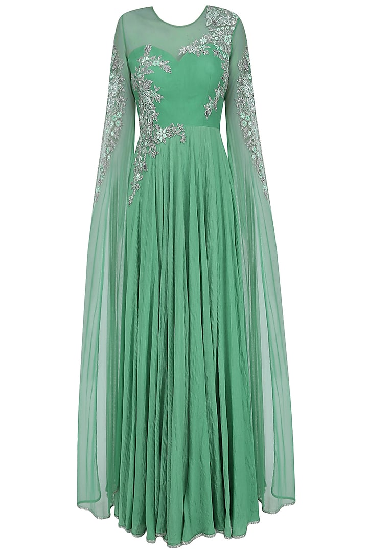 Green and gold floral embroidered cape sleeved gown available only at Pernia's Pop Up Shop.