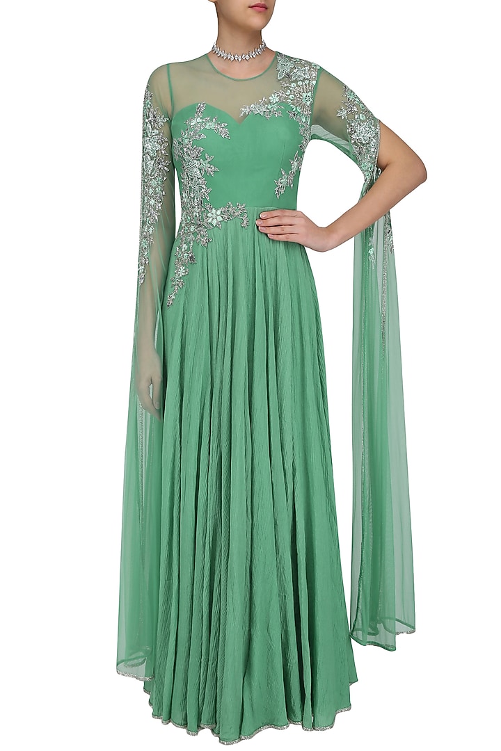 Green and gold floral embroidered cape sleeved gown available only at Pernia's Pop Up Shop.