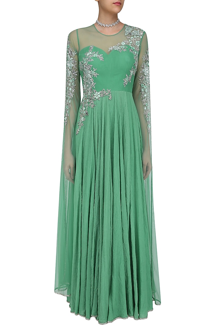 Green and gold floral embroidered cape sleeved gown available only at Pernia's Pop Up Shop.