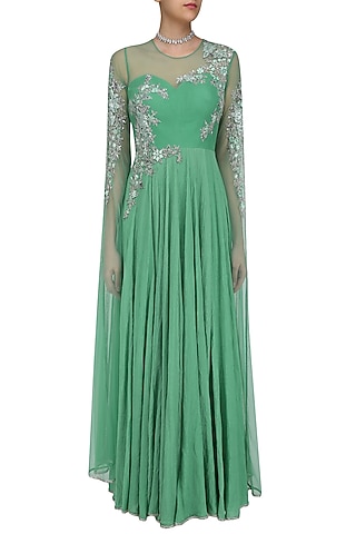 Green and Gold Floral Embroidered Cape Sleeved Gown by Swapan & Seema