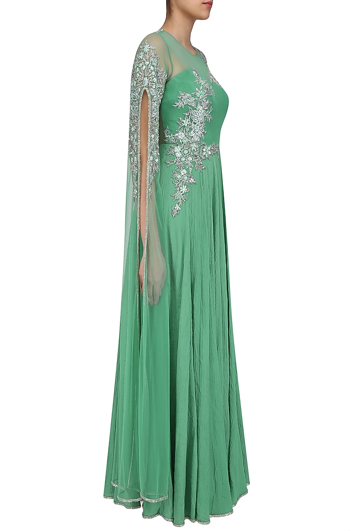 Green and gold floral embroidered cape sleeved gown available only at Pernia's Pop Up Shop.