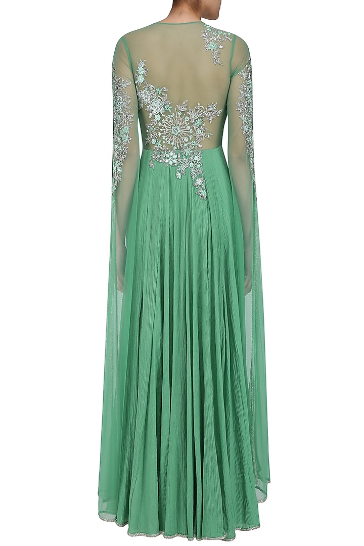 Green and gold floral embroidered cape sleeved gown available only at Pernia's Pop Up Shop.