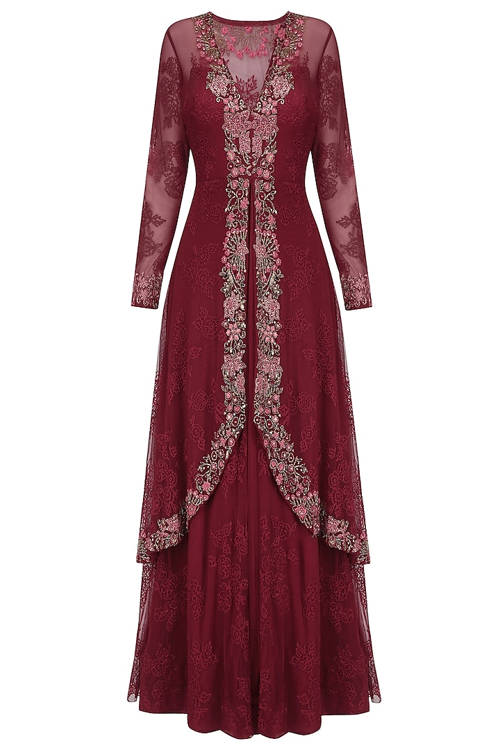 Wine Floral Embroidered Two Layered Gown by Swapan & Seema