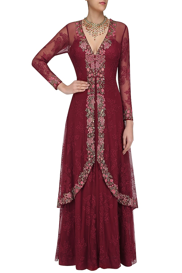 Wine floral embroidered two layered gown available only at Pernia's Pop Up Shop.