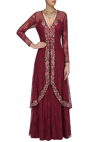 Wine Floral Embroidered Two Layered Gown by Swapan & Seema