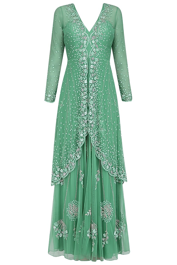 Green Floral Embroidered Two Layered Gown by Swapan & Seema