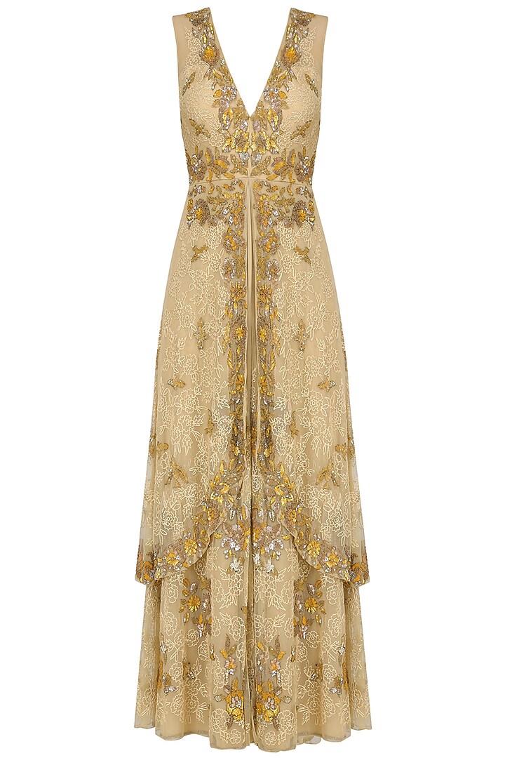 Beige floral sequins embroidered two layered gown available only at ...
