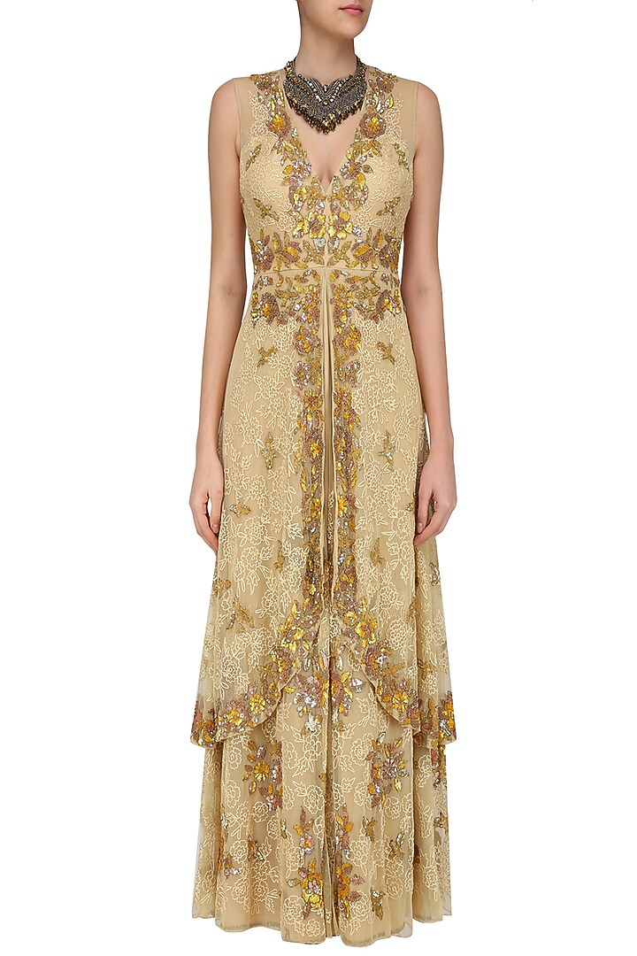 Beige floral sequins embroidered two layered gown available only at Pernia's Pop Up Shop.