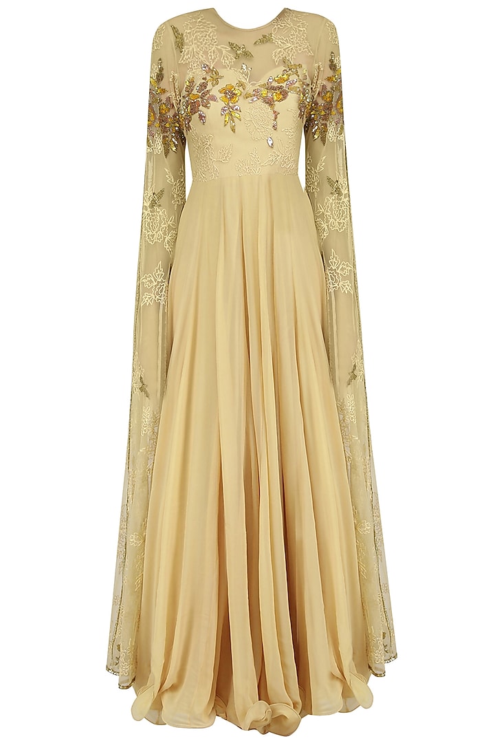 Beige and Gold Floral Embroidered Cape Sleeved Gown by Swapan & Seema