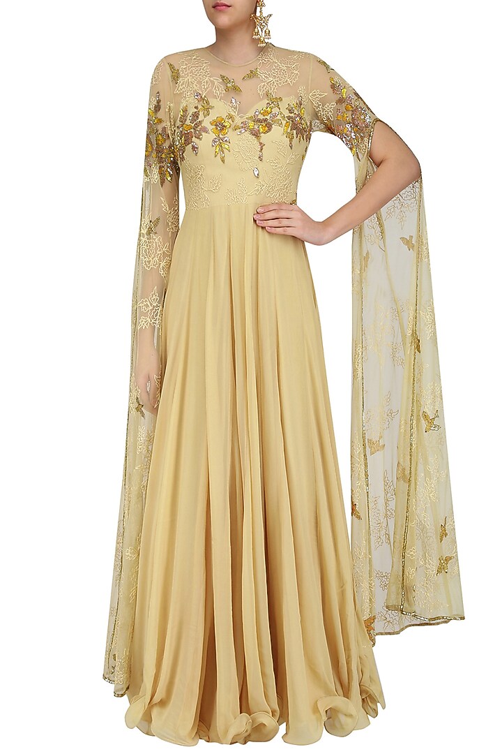 Beige and gold floral embroidered cape sleeved gown available only at Pernia's Pop Up Shop.
