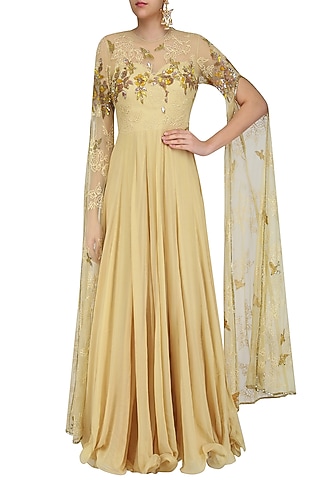 Beige and Gold Floral Embroidered Cape Sleeved Gown by Swapan & Seema
