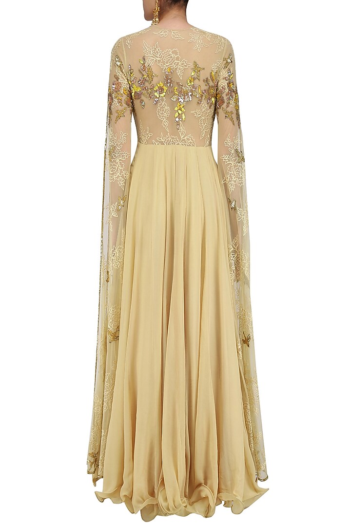 Beige and gold floral embroidered cape sleeved gown available only at Pernia's Pop Up Shop.