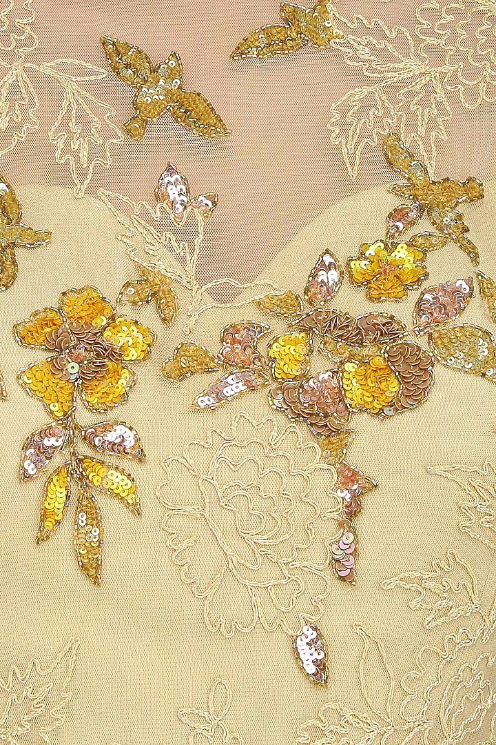 Beige and gold floral embroidered cape sleeved gown available only at Pernia's Pop Up Shop.