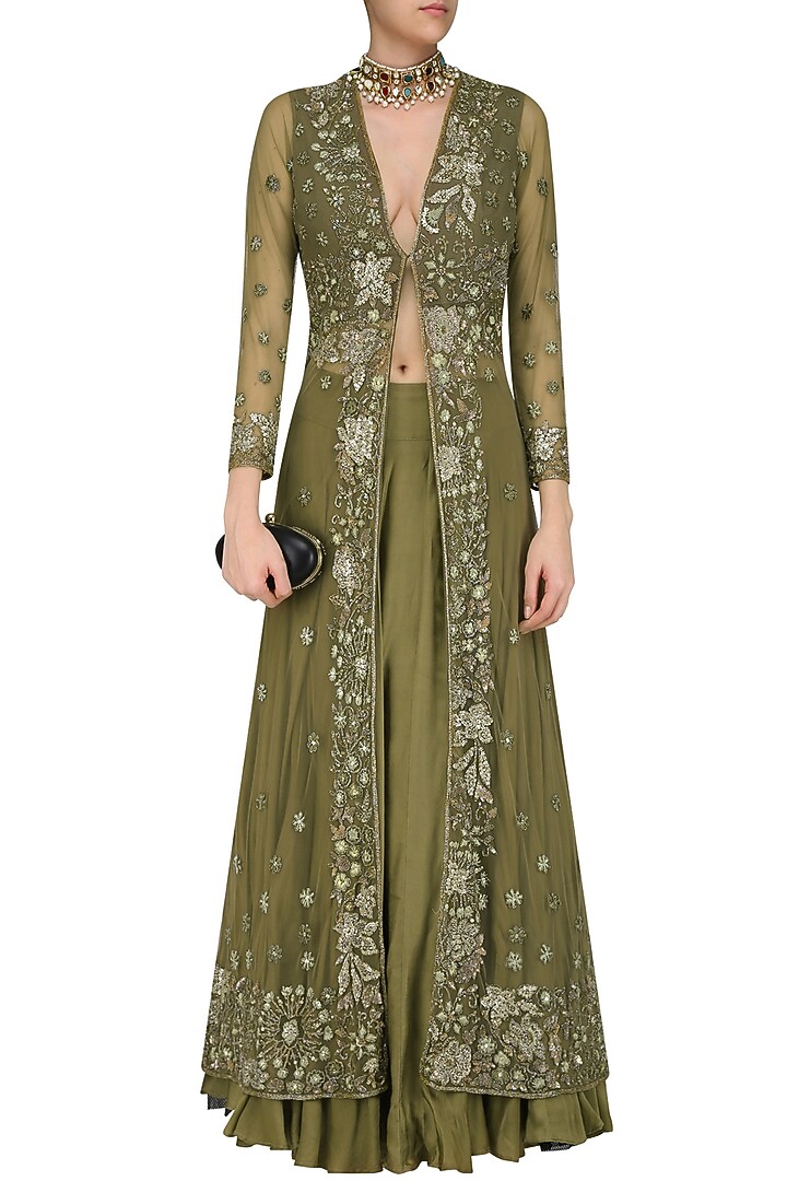 Olive green floral embroidered front open jacket and skirt set available only at Pernia's Pop Up Shop.