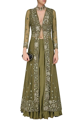 Olive Green Floral Embroidered Front Open Jacket and Skirt Set by Swapan & Seema