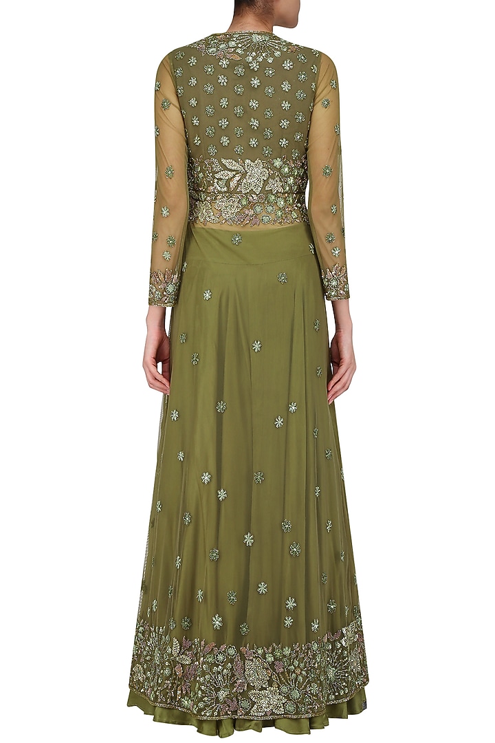Olive green floral embroidered front open jacket and skirt set available only at Pernia's Pop Up Shop.