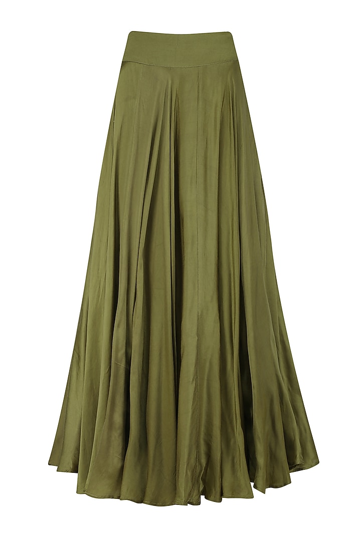 Olive green floral embroidered front open jacket and skirt set available only at Pernia's Pop Up Shop.