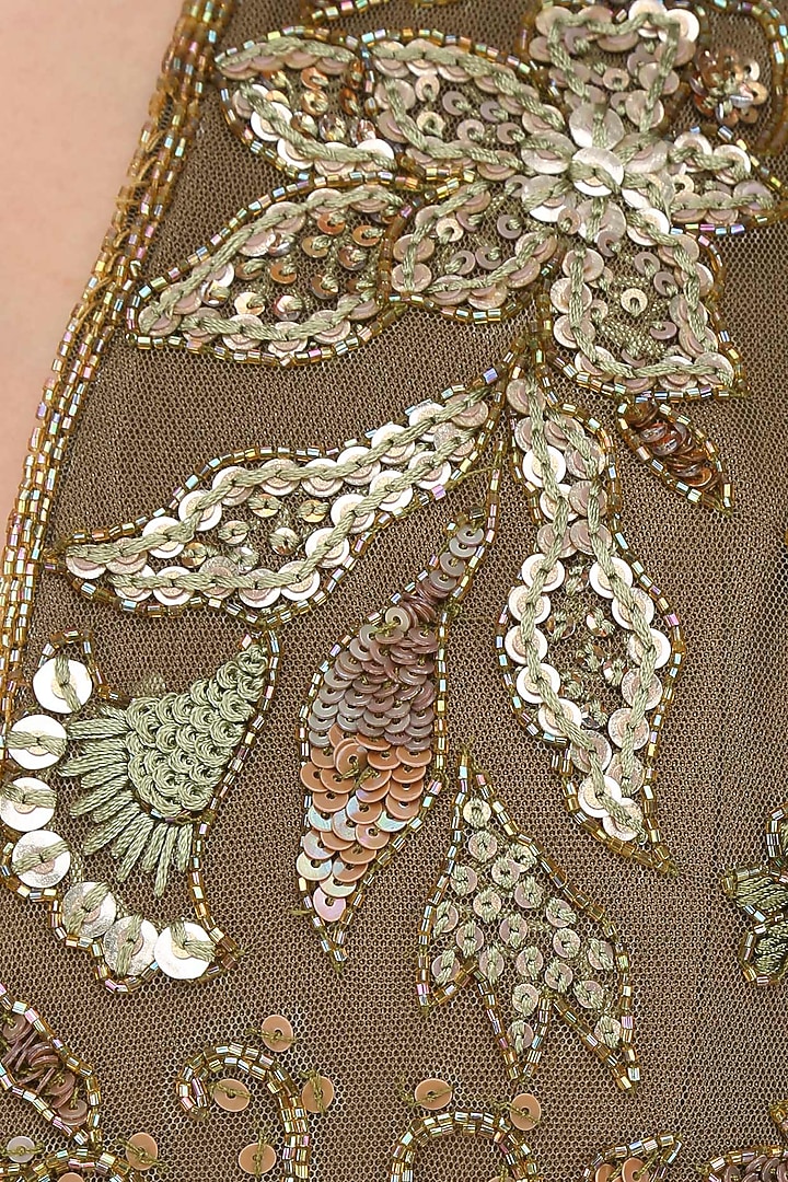 Olive green floral embroidered front open jacket and skirt set available only at Pernia's Pop Up Shop.