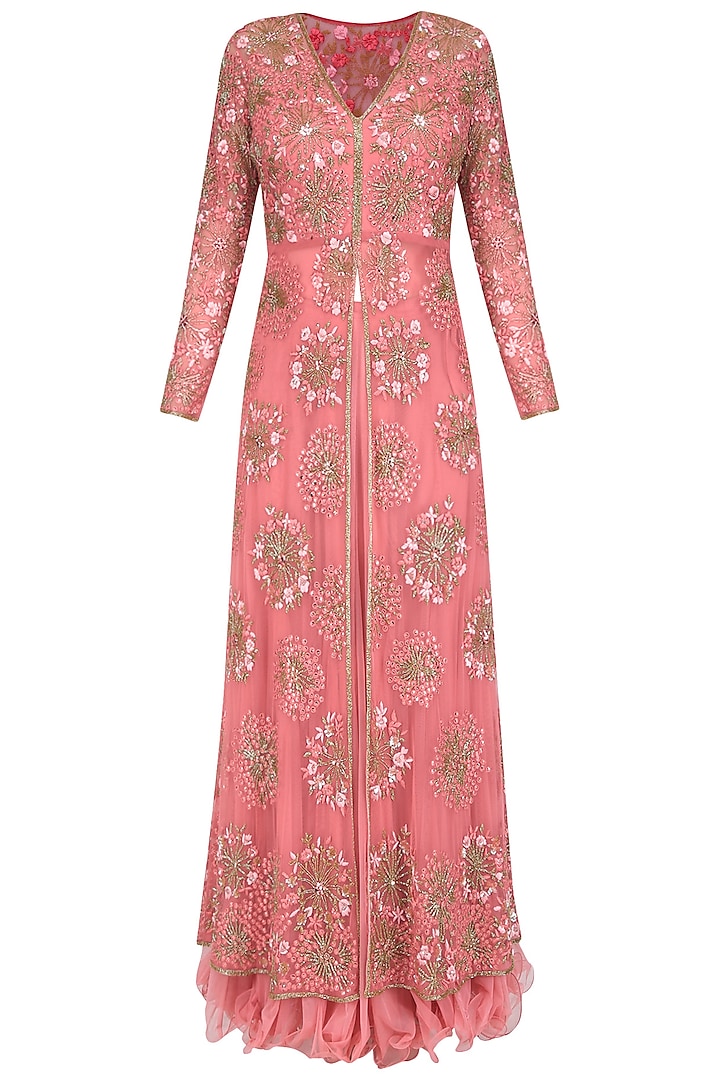 Pink Floral Sequins and Beads Embroidered Front Open Jacket and Skirt Set by Swapan & Seema