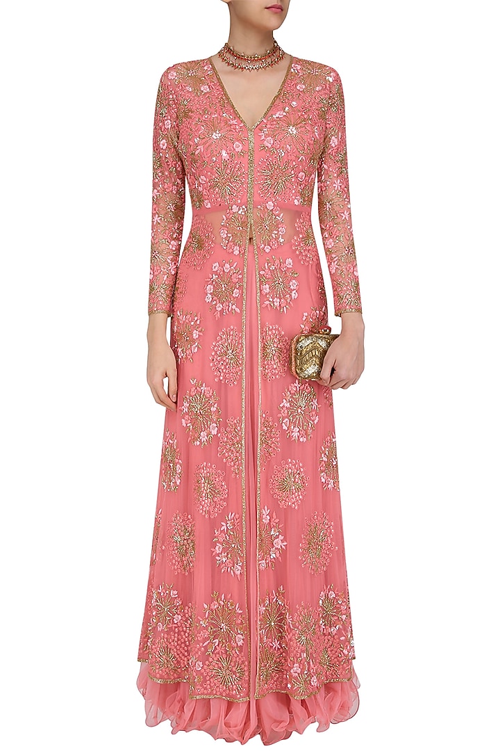 Pink floral sequins and beads embroidered front open jacket and skirt set available only at Pernia's Pop Up Shop.