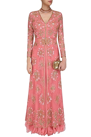 Pink Floral Sequins and Beads Embroidered Front Open Jacket and Skirt Set by Swapan & Seema